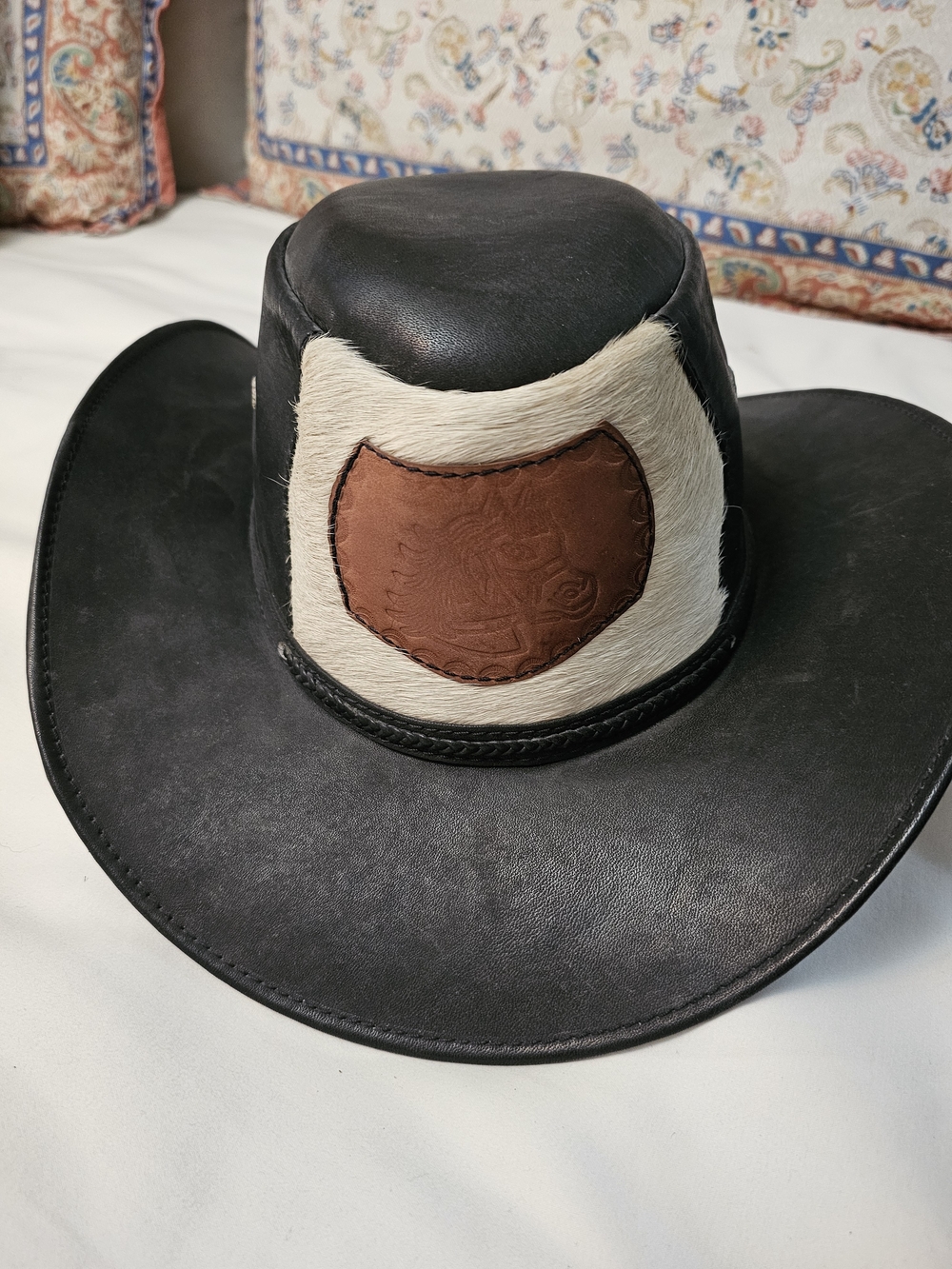 Handmade Men's Black Leather Cowboy Hat - Brown Patch, Cream Accent, Chin Strap